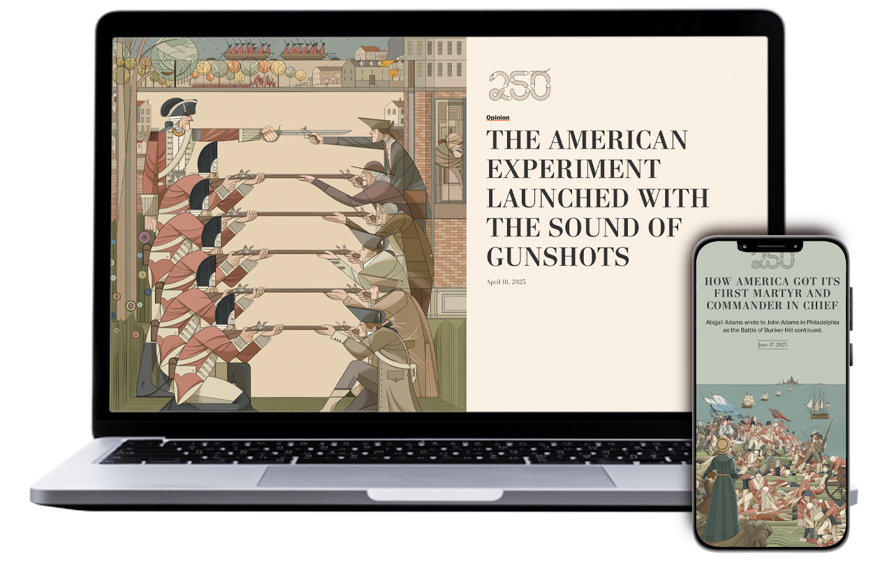 Illustration of Abigial and John Qincy Adams watching the battle of Bunker Hill from a hilltop