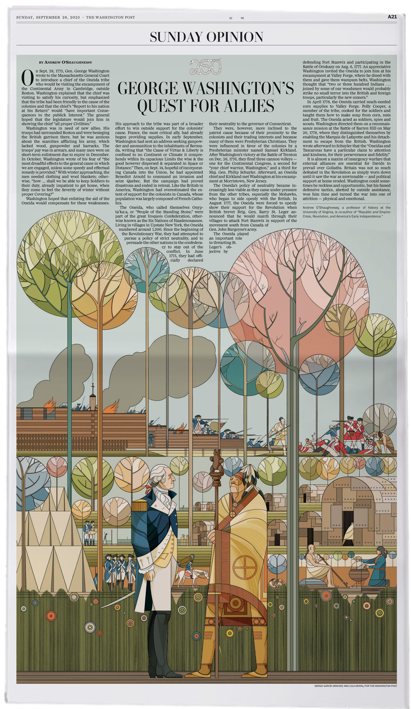 A single newspaper page with a big geometric illustration of Washington meeting the Oneidas and text on top.
