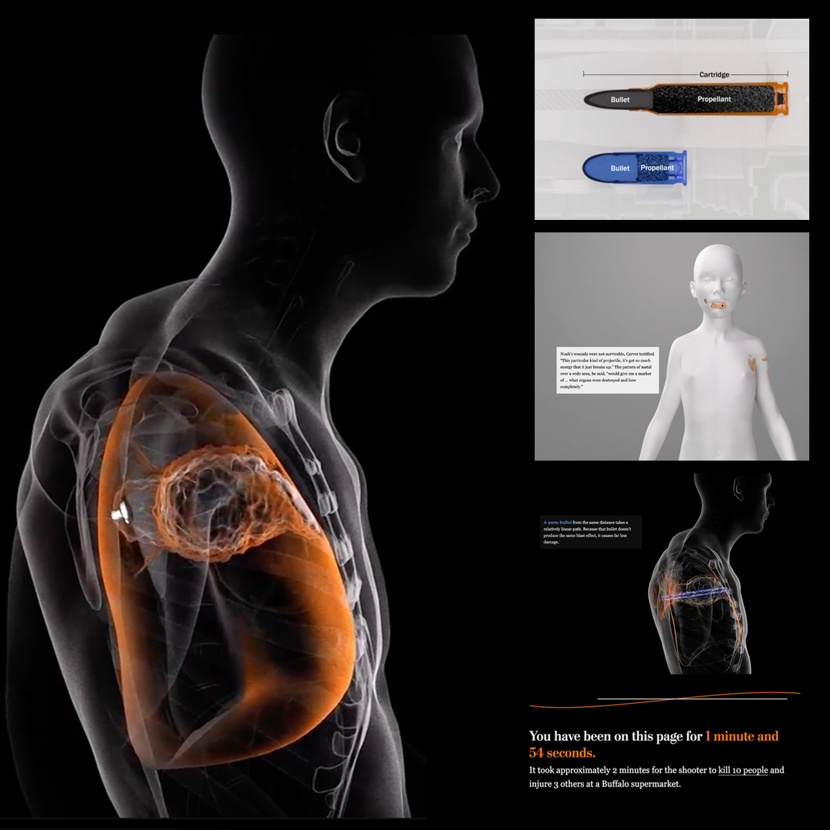 A headline with the text 'The Blast Effect' in a large font, with a person seen throough x-rays and a bullet in front of him. The lung is highlighted