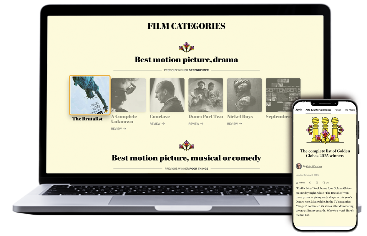 A screenshot of a graphics showing the movies nomiated for golden globes for best picture on drama and comedy, the winners are highlighted