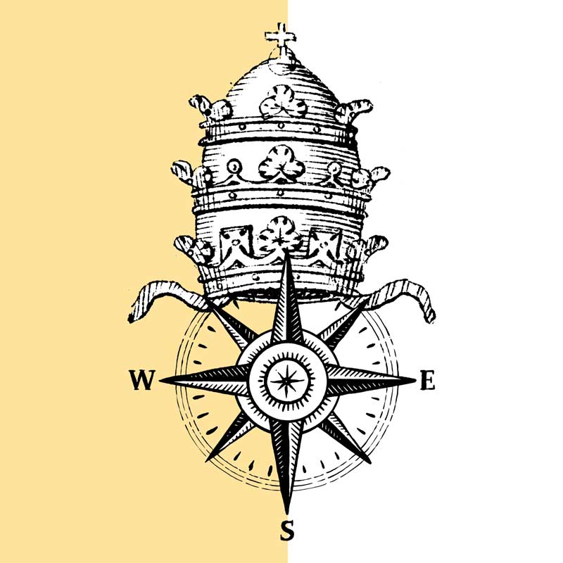 A compass wearing a papal hat
