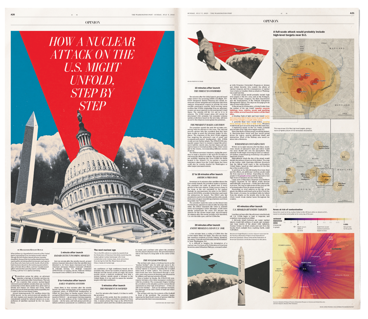 Double page in a newspaper, big illustration of the Capitol on the left and a series of graphics and text on the right showing maps
