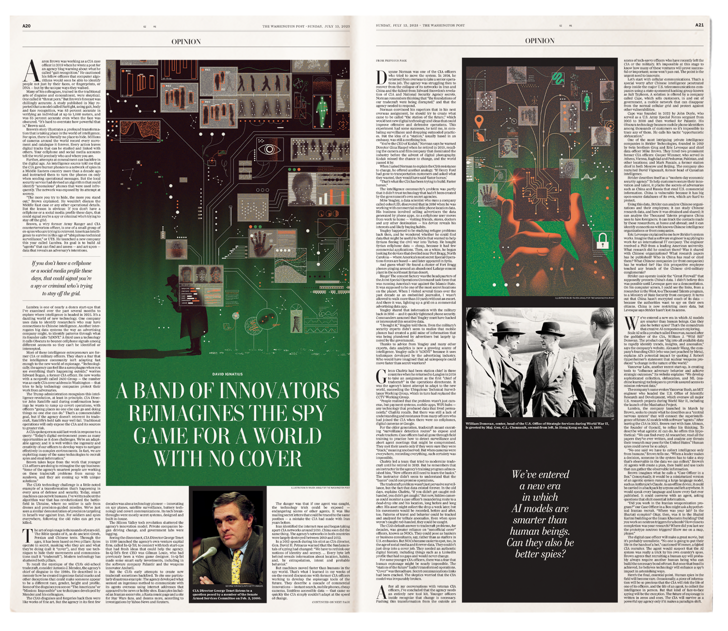 A double newspaper page with iollustration on dark green and black