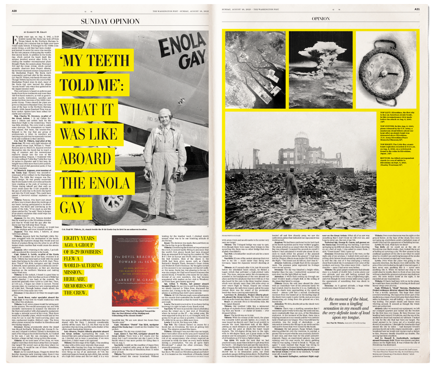 A double newspaper page with yellow boxes and black and white photos.