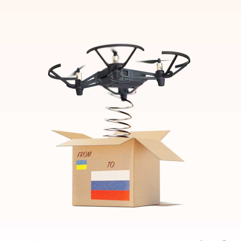 A package with a jack in the box witha. drone, is sent from Ukraine to Russia