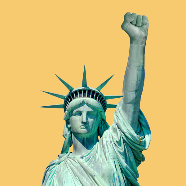 Thw statue of liberty with her left fist up