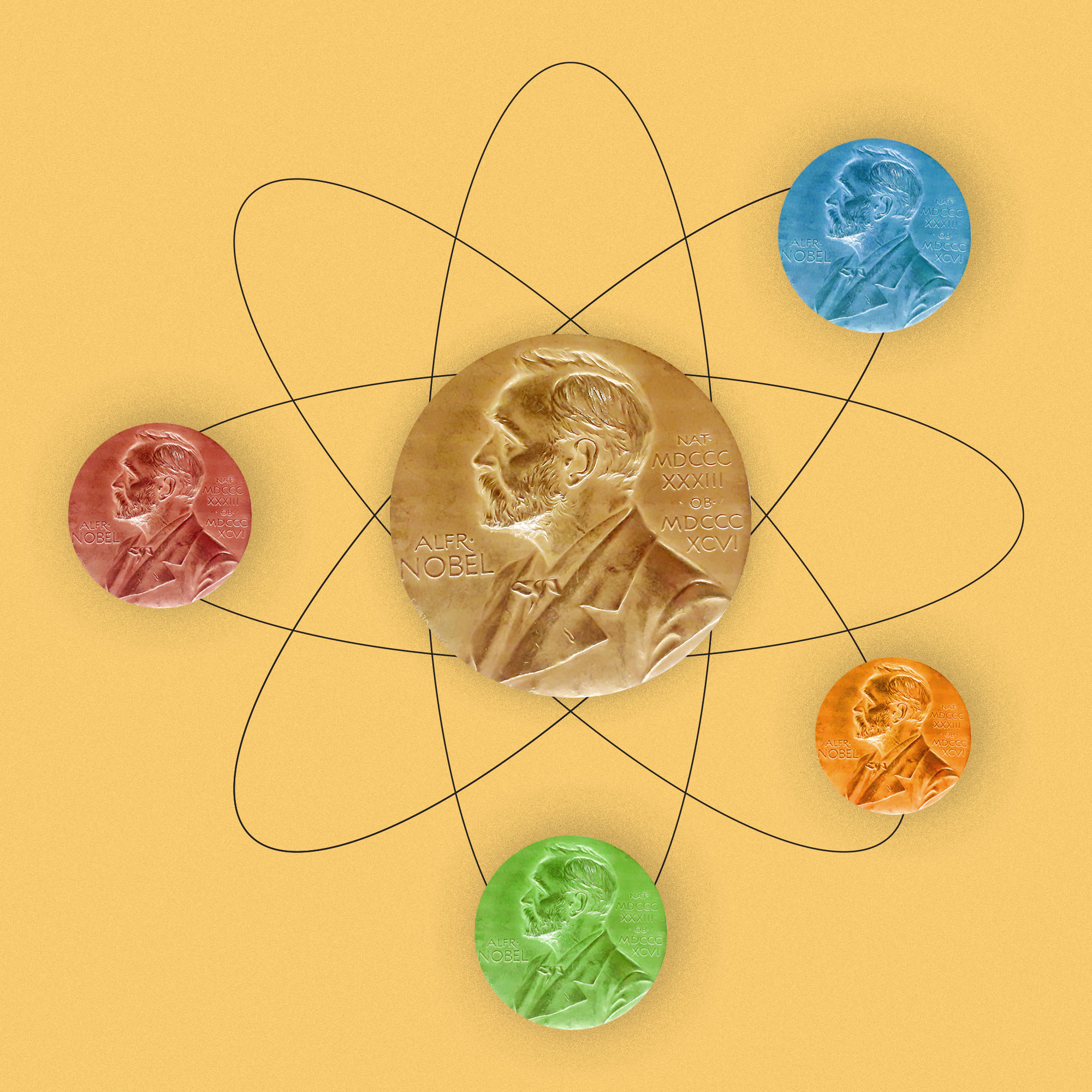 An atom fromed with colored Nobel medals over a yellow bakcground
