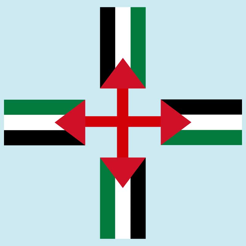 Four flags of Palestine, with the red triangles connecting each like a four way arrow.