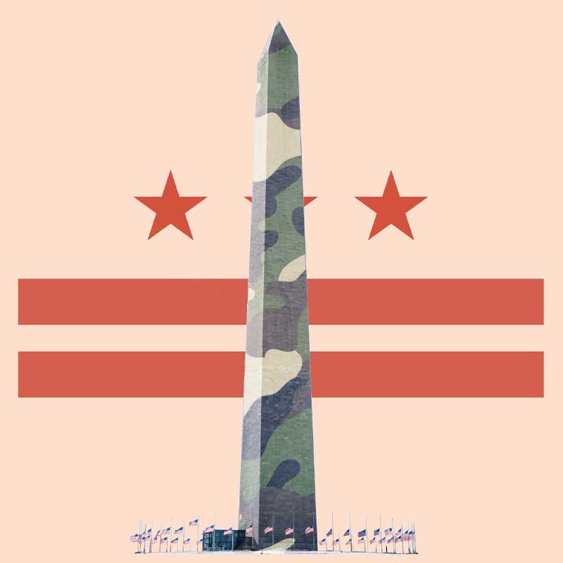 The Washington monument in camo colors with the DC flag behind