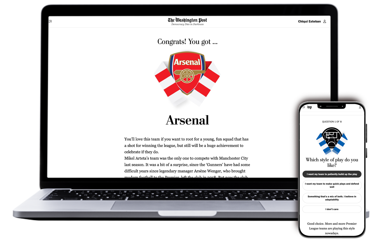 A computer and a phone showing an Arsenal badge with some text and a quiz