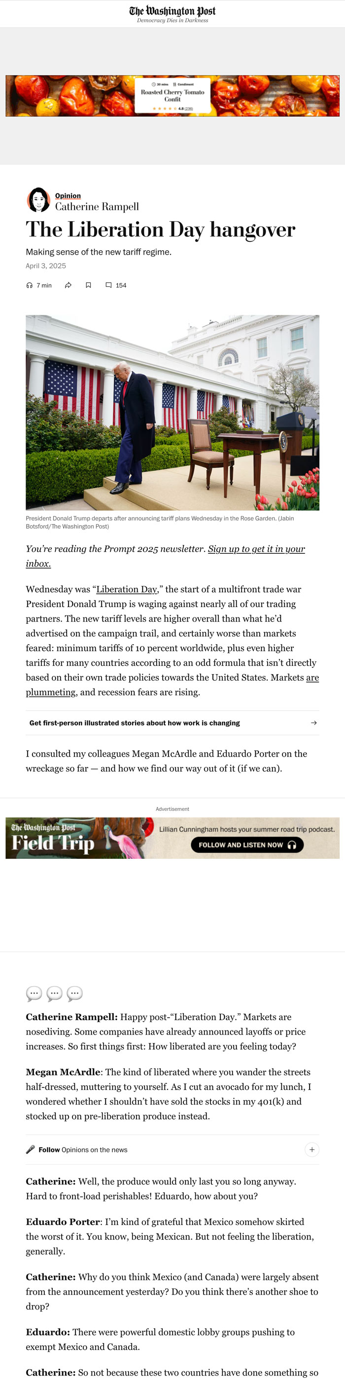 Long screenshot of a text-based article with a photo of Trump