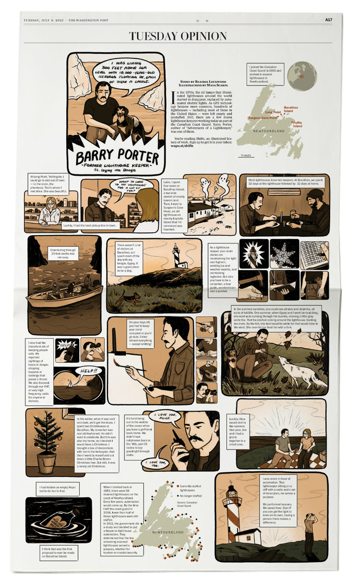 A single newspaper page with comic panels in orange tones