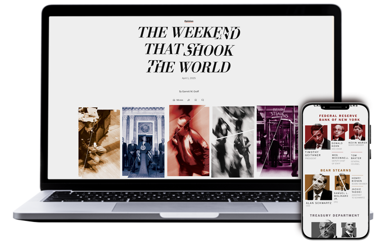 Screenshot of an online article titled 'The weekend that shook the world' with several colored images of people on the stock market, Bush ina. press conference and others.