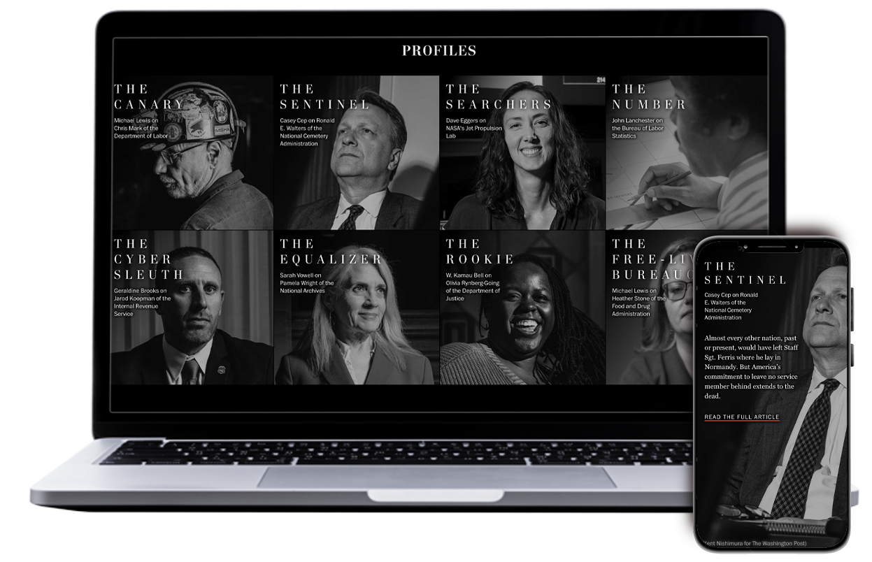 Images of 4 federal workers on a grid with the texts The Cnaary, The Sentinel, The Cyber Sleuth and The Equalizer. These are black and white portraits of three men and a woman